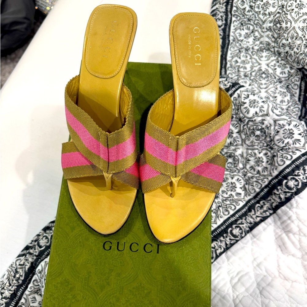 Gucci Stripe Ribbon Web Thong Heel Sandals